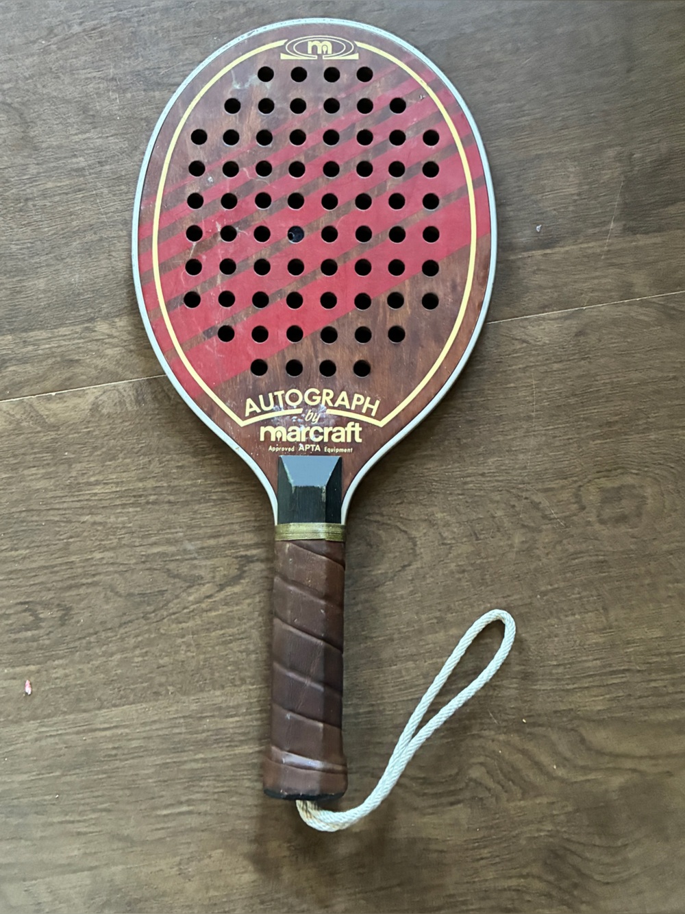 Vintage Bantam By Marcraft Paddleball Paddle Wood Aluminum Leather Handle Red